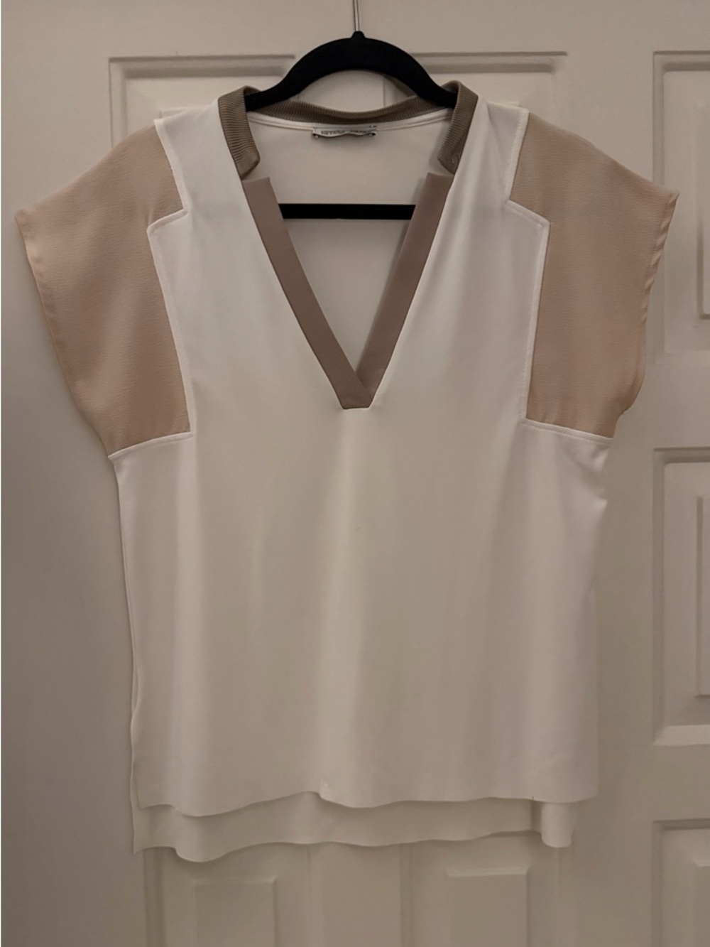 Zara White Blouse with Beige Trim